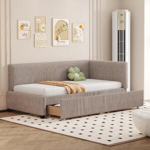 Letto imbottito 90x200 cm con 2 cassetti contenitori e rete a listelli, divano letto rivestito in tessuto vellutato grigio, con schienale e braccioli