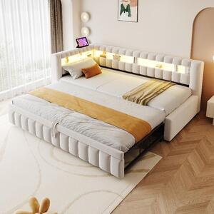 Letto imbottito 90x200 con letto estraibile, rivestito in velluto color beige, con illuminazione LED, prese USB e di tipo C, e dotato di testiera e schienale, ideale per camere da letto o soggiorni
