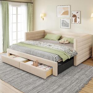 Letto imbottito 90x190 cm, trasformabile in divano letto, letto multifunzionale con 2 cassetti, dotato di rete a doghe, trasformabile in una dimensione di 180x190 cm, colore beige