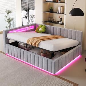 Letto imbottito 140x200 cm con spazio contenitore ad apertura idraulica, illuminazione LED e porta USB, rivestito in velluto color grigio chiaro, completo di testiera e schienale, ideale per la camera da letto