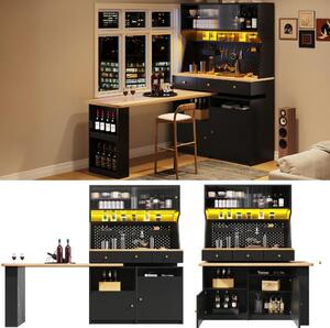 Armadio 137x74x177,7 cm, mobile contenitore alto con scrivania e mobile bar, colore nero, realizzato in MDF con vetro e illuminazione LED, ideale per soggiorno e sala da pranzo