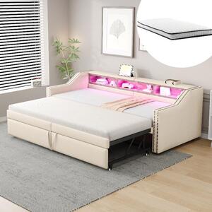 Divano letto 90/180x200 cm, estendibile, con struttura imbottita beige, illuminazione LED, prese USB, 3 vani portaoggetti, rete a molle, 2 materassi a molle e schienale