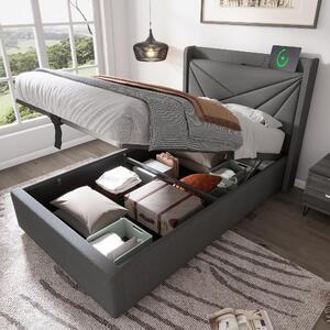 Letto imbottito 90x190 cm, grigio, con rivestimento in velluto, due cassetti, tasche laterali e rete a listelli. Divano letto con motivo a quadri classico, ideale per le camere degli ospiti