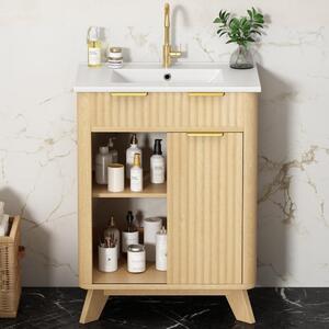 Mobiletti bagno da 61 cm con lavabo integrato, mobile lavabo autoportante con finitura effetto legno naturale, ante scorrevoli, 3 cassetti, realizzati in MDF e Vetroceramica