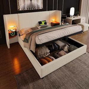 Letto imbottito 180x200 cm con spazio contenitore, lampada da lettura e funzione di ricarica USB Type-C, letto in lino color beige con mensola imbottita e rete a doghe