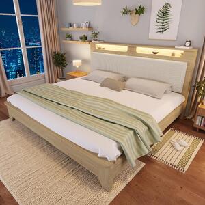 Letto in legno 160x200 cm con illuminazione LED integrata nella testata, testata con spazio contenitivo e schienale imbottito in tessuto corda, disponibile nei colori noce/beige