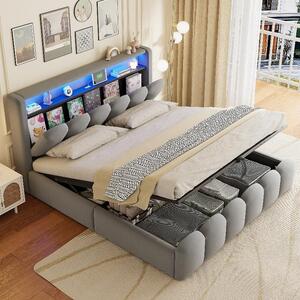 Letto imbottito 180x200 cm con sistema di sollevamento idraulico per riporre oggetti, testiera con spazio contenitore, prese USB e di tipo C, illuminazione LED, rivestito in velluto grigio, ideale per la camera da letto