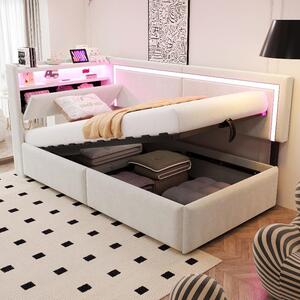 Divano letto 90x200 cm con illuminazione a LED e prese USB, letto imbottito in velluto con schienale reclinabile e spazio contenitore ad apertura idraulica