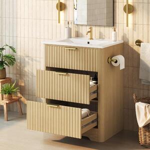 Mobile sottolavello da 61 cm con lavabo in Vetroceramica, dimensioni 61x47x82 cm, modello autoportante con finitura effetto legno, dotato di 2 cassetti e portarotolo per carta igienica