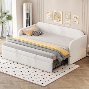 Divano letto 90x190 cm, estendibile a 180x190 cm, con struttura imbottita e rete a listelli, rivestito in lino traspirante color beige, con motivo a righe verticali