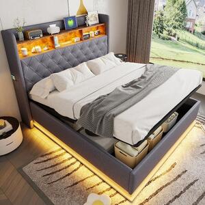 Letto imbottito 160x200 cm con porta USB, illuminazione a LED e spazio contenitore ad apertura idraulica, rivestito in lino grigio, completo di testiera