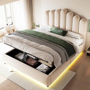 Letto imbottito 140x200 cm con spazio contenitore a sollevamento idraulico, striscia LED e rivestimento in velluto color beige, struttura del letto con grande testiera imbottita