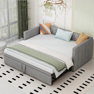 Divano letto 90x200 cm, estendibile a 180x200 cm, con struttura imbottita, rete a doghe, schienale e braccioli, rivestito in tessuto vellutato grigio, ideale per soggiorni o camere per gli ospiti