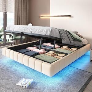 Letto imbottito 160x200 cm con sistema di sollevamento idraulico e spazio contenitore, dotato di luci LED, senza testiera, rivestito in lino beige, ideale per la camera da letto