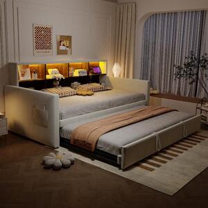 Letto imbottito 90x190 cm con letto a scomparsa, striscia LED, prese di corrente e testiera con spazio contenitore, rivestito in velluto color beige