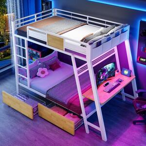 Letto a castello in metallo, dimensioni 90x200 cm, colore bianco, con scrivania integrata per il gaming, ciabatta multipresa con porte USB e Type-C, striscia LED e scala