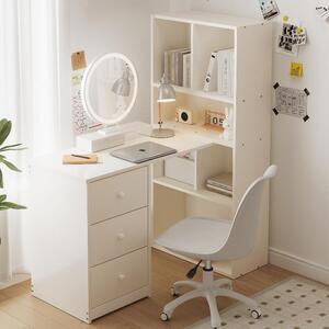 Scrivania angolare con libreria, dimensioni 117x63x135 cm, scrivania con 4 vani portaoggetti e 3 cassetti, colore bianco