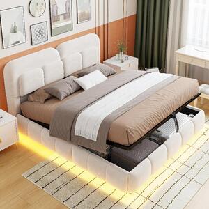 Letto imbottito 140x200 cm con striscia LED e vano contenitore ad apertura idraulica, rivestito in velluto color beige, con testiera e fiancate imbottite