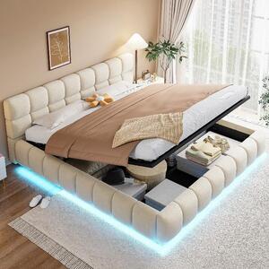 Letto imbottito 180x200 cm con spazio contenitore a sollevamento idraulico e striscia LED, rivestito in velluto color beige, con testiera e fianchi imbottiti e decorati con motivo trapuntato