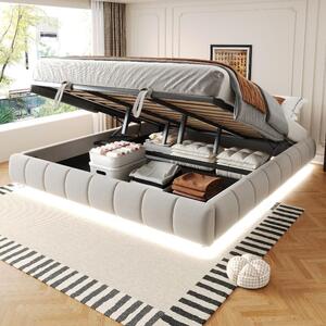Letto imbottito 180x200 cm senza testiera, con struttura a sollevamento idraulico, spazio contenitore e striscia LED, rivestito in velluto bianco/grigio, ideale per la camera da letto