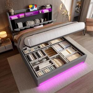 Letto imbottito 160x200 cm con illuminazione a LED, prese USB e Type-C, spazio contenitivo nella testiera e vano contenitore sotto il letto con sistema idraulico, rivestito in velluto grigio