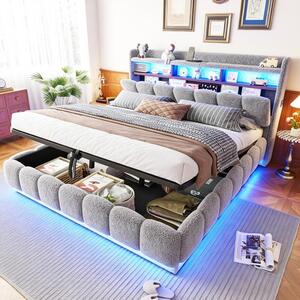 Letto imbottito 180x200 cm con spazio contenitore a sollevamento idraulico, rivestito in ecopelle effetto lana, dotato di striscia LED e porta USB, struttura in metallo a rete, ideale per la camera da letto