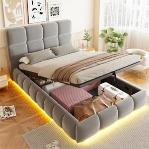 Letto imbottito 90x200 cm con spazio contenitore e striscia LED, rivestito in velluto grigio, con testiera imbottita e sistema di sollevamento idraulico per lo spazio contenitore