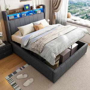 Letto imbottito 140x200 cm con illuminazione a LED, porte USB e di tipo C, testiera con ripiani integrati e spazio contenitivo, cassettiera sollevabile idraulica, rivestito in tessuto di lino color grigio