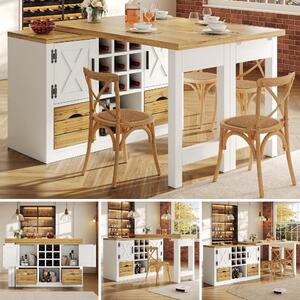 Isola da cucina estendibile, tavolo da pranzo 120-197x40x72 cm, bianca, in MDF, con piano girevole a 360° e mobile contenitore, ideale per cucina e sala da pranzo