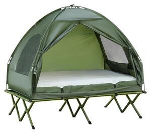 Tenda da campeggio A20-087 - Tenda a cupola - Per 2 persone - A doppia parete - Tessuto Oxford - Letto da campeggio rialzato con materasso gonfiabile e pompa - Verde