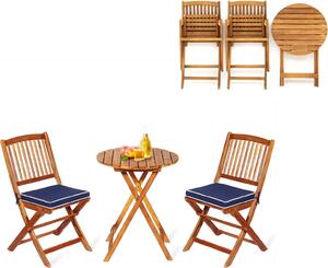 Mobili da balcone per balconi piccoli, tavolino da bistrot rotondo con 2 sedie pieghevoli, set di mobili da giardino in legno da 3 pezzi, rosso-marrone, blu (cuscini di seduta)