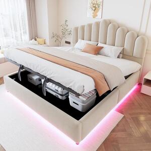 Letto imbottito 180x200 cm con spazio contenitore a sollevamento idraulico, striscia LED e grande testiera, letto in velluto color beige con rete a doghe, ideale per la camera da letto