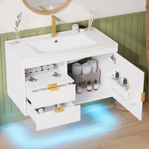 Mobile da bagno con lavabo, 76 cm, mobile lavabo sospeso con illuminazione LED, controllo tramite app, sistema di chiusura ammortizzata, aspetto legno bianco, senza rubinetto
