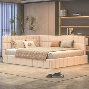 Letto imbottito 160x200 cm con rete a doghe, divano letto rivestito in velluto beige, dotato di schienale, braccioli e cassetti montabili su entrambi i lati
