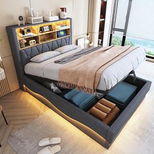 Letto imbottito 140x200 cm con spazio contenitore a sollevamento idraulico, striscia LED controllabile tramite app, porta USB e rivestimento in lino grigio