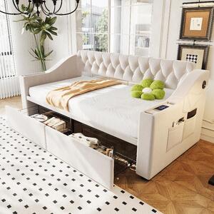 Letto imbottito 90x190 cm con porta USB, rivestito in velluto color beige, divano letto con 2 cassetti, spazio contenitivo nelle braccioli e schienale