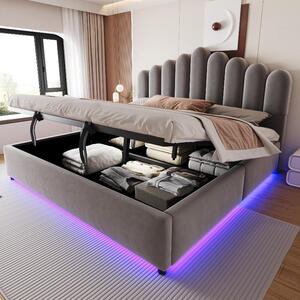 Letto imbottito 180x200 cm con spazio contenitore ad apertura idraulica, striscia LED e testiera imbottita, rivestito in velluto grigio, con rete a doghe robusta, ideale per la camera da letto