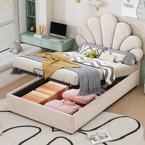 Letto imbottito 90x200 cm con spazio contenitore a sollevamento idraulico, testiera regolabile in altezza con motivo floreale, rivestito in velluto color beige, letto per bambini con rete a doghe