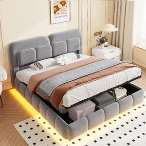 Letto imbottito 140x200 cm con striscia LED e spazio contenitore ad apertura idraulica, rivestito in velluto grigio, completo di testiera e rete a doghe, ideale per la camera da letto