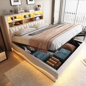 Letto imbottito 180x200 cm con spazio contenitore a sollevamento idraulico, striscia LED e porta USB integrati nella testiera, rivestito in lino color beige e dotato di rete a doghe in metallo