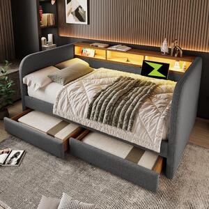 Letto imbottito 140x190 cm, ideale come divano letto, con struttura in lino grigio, illuminazione LED, porte USB 2 e di tipo C, 2 cassetti e poggiatesta con spazio contenitore