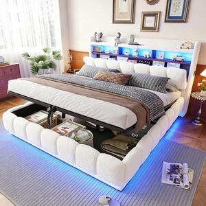 Letto imbottito 180x200 cm con spazio contenitore ad apertura idraulica, striscia LED, porta USB e presa di corrente, rivestito in ecopelle, struttura in metallo, colore bianco