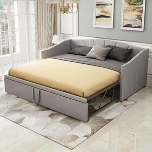 Divano letto 90x200 fino a 180x200 cm, estendibile con rete a doghe, letto imbottito in tessuto vellutato grigio, con schienale e braccioli