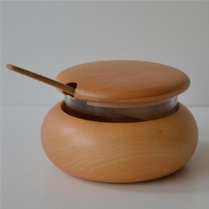 Formaggera in legno massello � 12xh 9 cm in legno massello di tiglio, interno in vetro combinazione e cucchiaino colore legno naturale