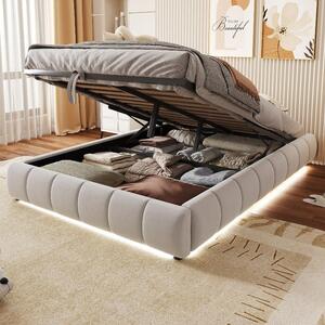 Letto imbottito 140x200 cm senza testiera, dotato di illuminazione a LED, spazio contenitivo ad apertura idraulica e rivestito in velluto color beige, ideale per camere da letto dei ragazzi o piccoli ambienti