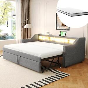 Divano letto 90x190 cm, estendibile a 180x190 cm, con struttura imbottita, vano contenitore, illuminazione LED, porta USB, rete a molle e due materassi a molle, colore grigio chiaro