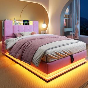 Letto imbottito Kinder 90x200 cm, color rosa, con illuminazione a LED, porta USB, spazio contenitore ad apertura idraulica e rivestimento in velluto, struttura in metallo con mensola integrata nella testiera