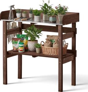 Tavolo da giardinaggio - Tavolo da rinvaso - Ampio piano di lavoro in legno - Ripiani - Appendiabiti - Dimensioni 78 x 38 x 82 cm - Per terrazza, giardino e balcone - Marrone