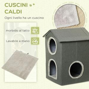 PawHut Casetta per Gatti a Due Livelli con Cuscini Lavabili 3 entrate, 42x46x59.5 cm, Grigio