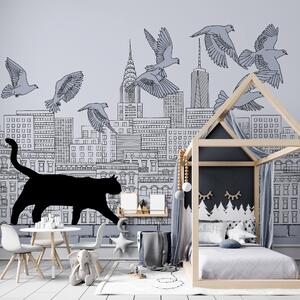 Carta da parati Gatto che cammina su un muro con uccelli che volano nel cielo, Carta da parati citta, Carta da parati popolare, t00078 - Tapeko.it